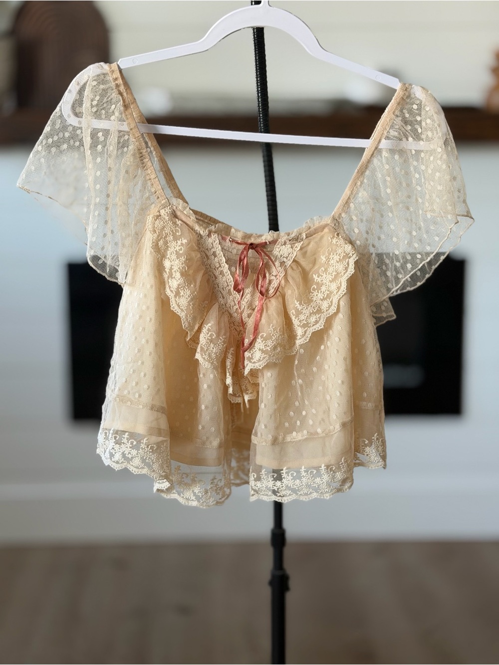 Altar'd State Sheer Cream Lace Ruffle Tie-Front Blouse